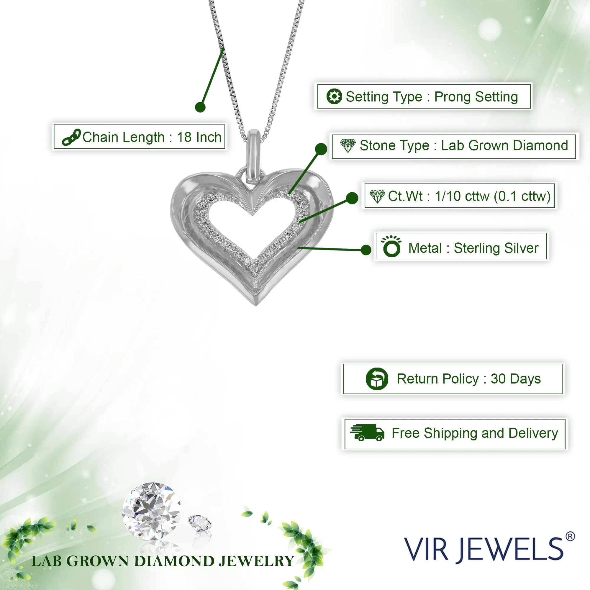 1/10 cttw Lab Grown Diamond Heart Shape Pendant Necklace .925 Sterling Silver For Women 3/4 Inch With 18 Inch Chain