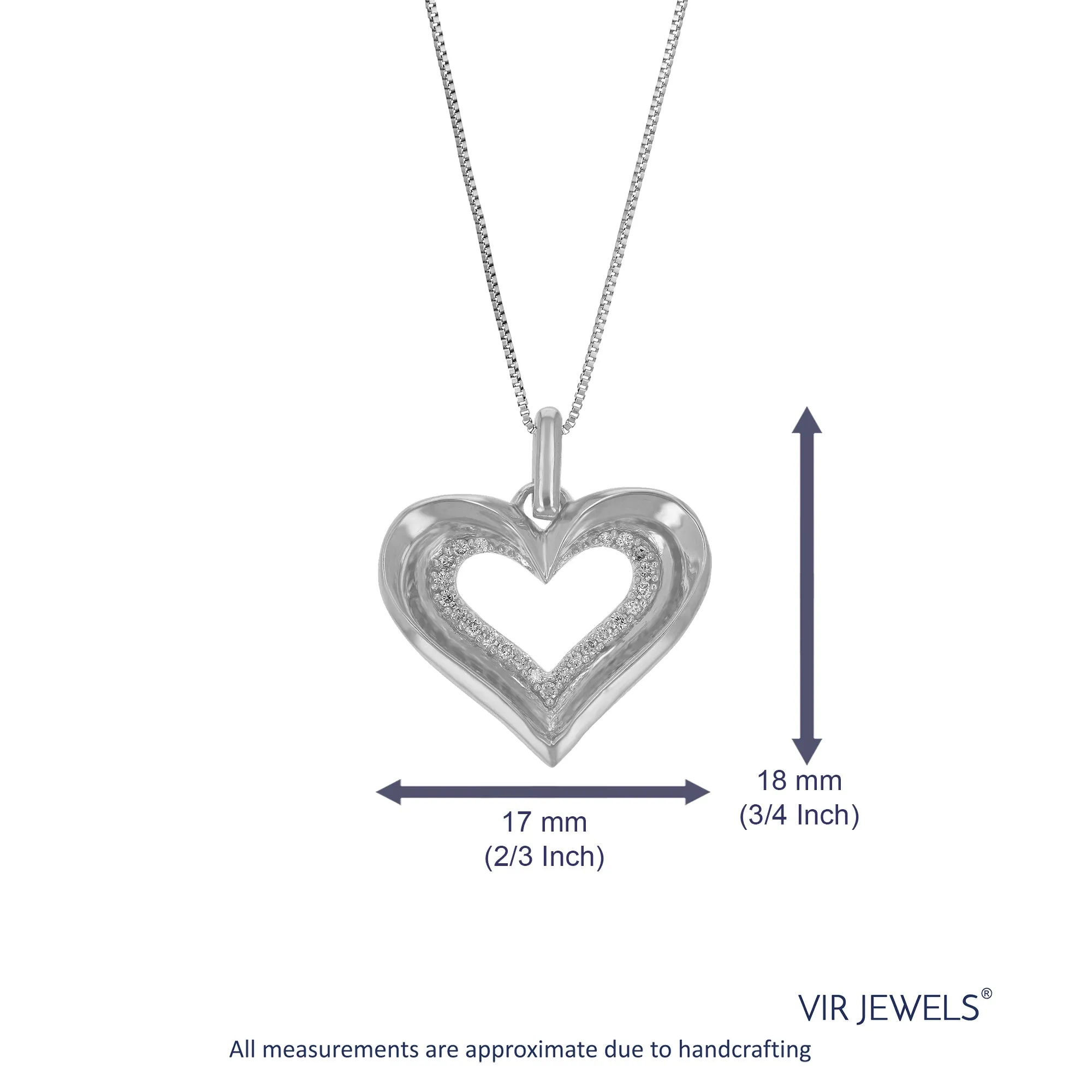 1/10 cttw Lab Grown Diamond Heart Shape Pendant Necklace .925 Sterling Silver For Women 3/4 Inch With 18 Inch Chain