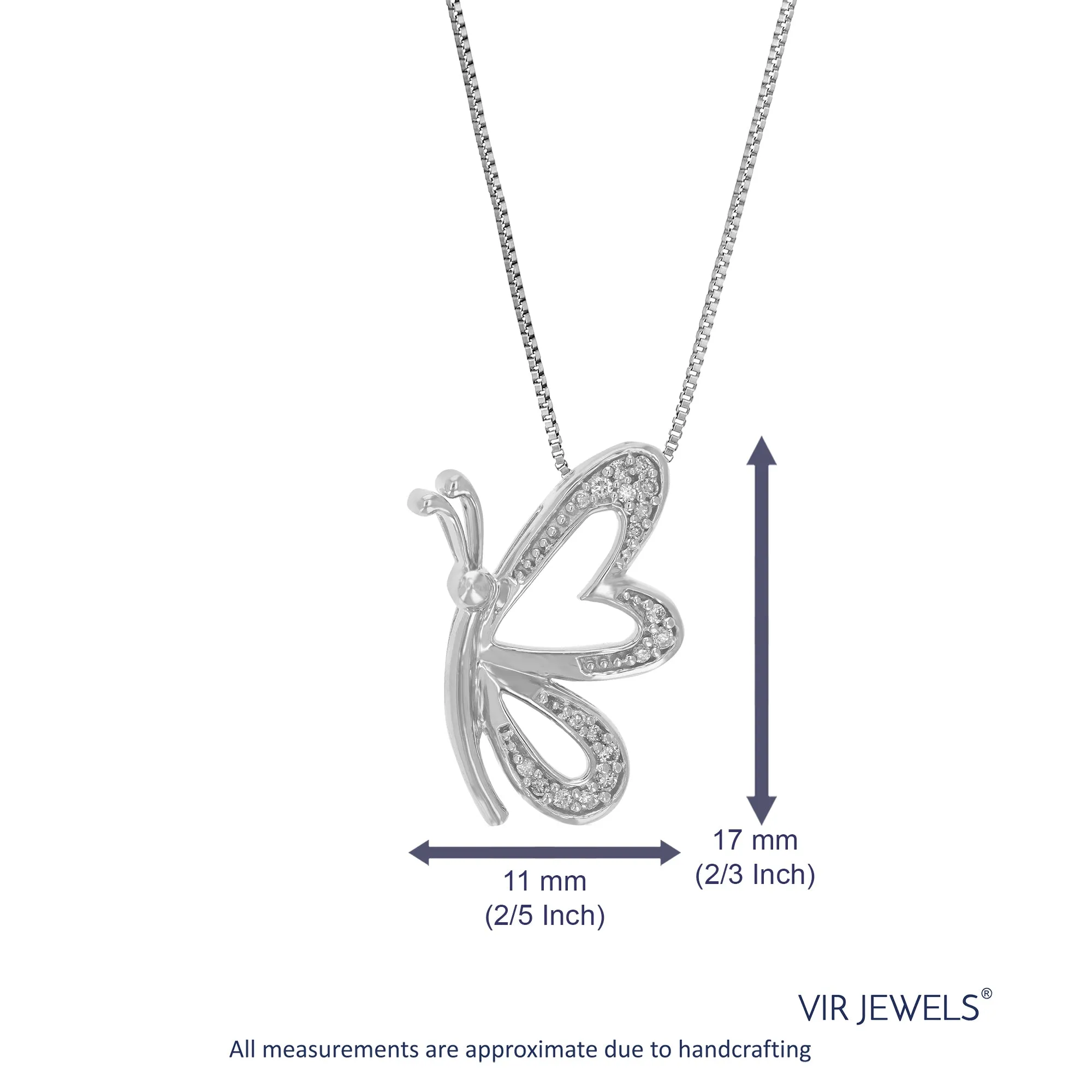 1/12 cttw Lab Grown Diamond Butterfly Pendant Necklace .925 Sterling Silver 2/5 Inch With 18 Inch Chain Elegant