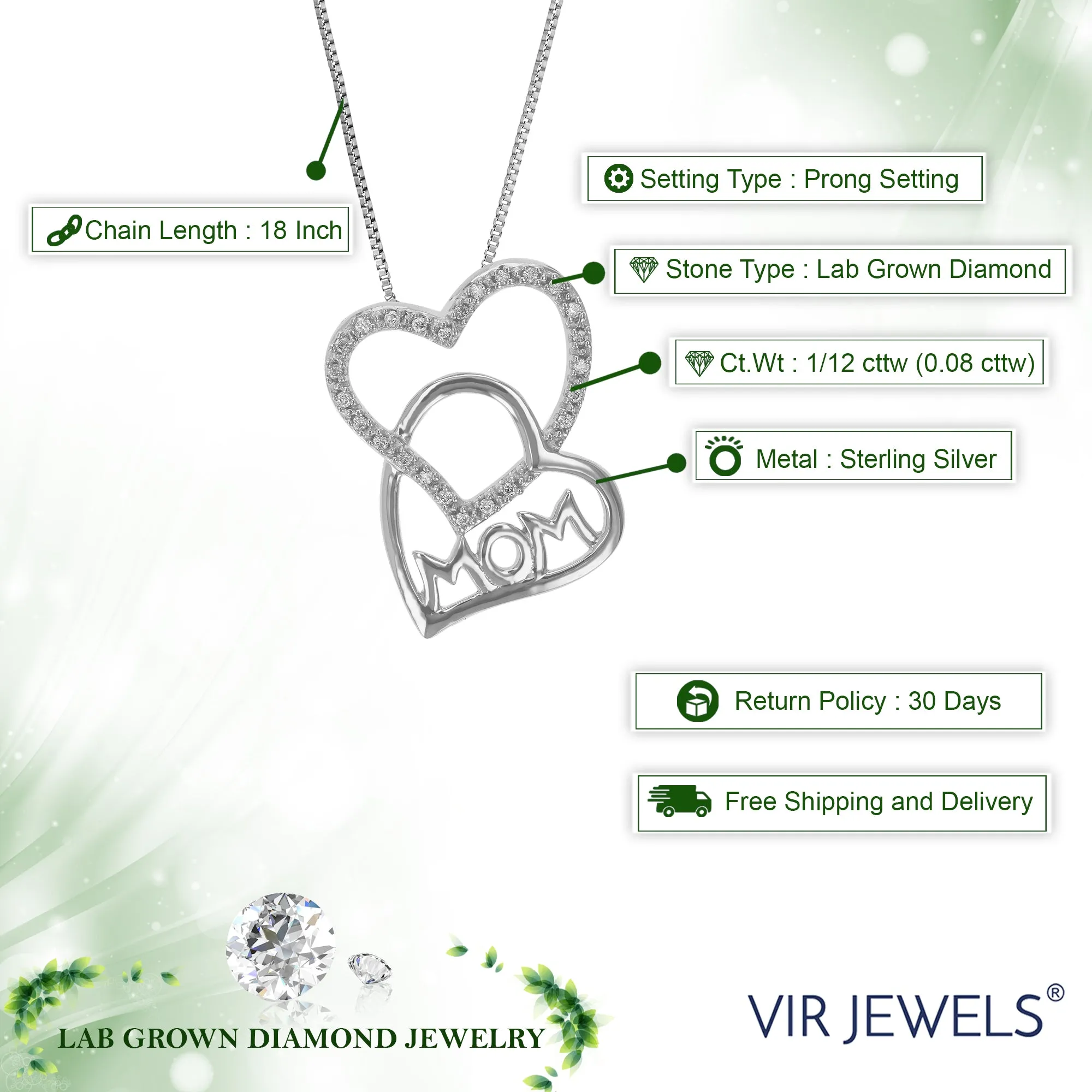 1/12 cttw Lab Grown Diamond MOM Pendant Necklace .925 Sterling Silver 2/3 Inch With 18 Inch Chain