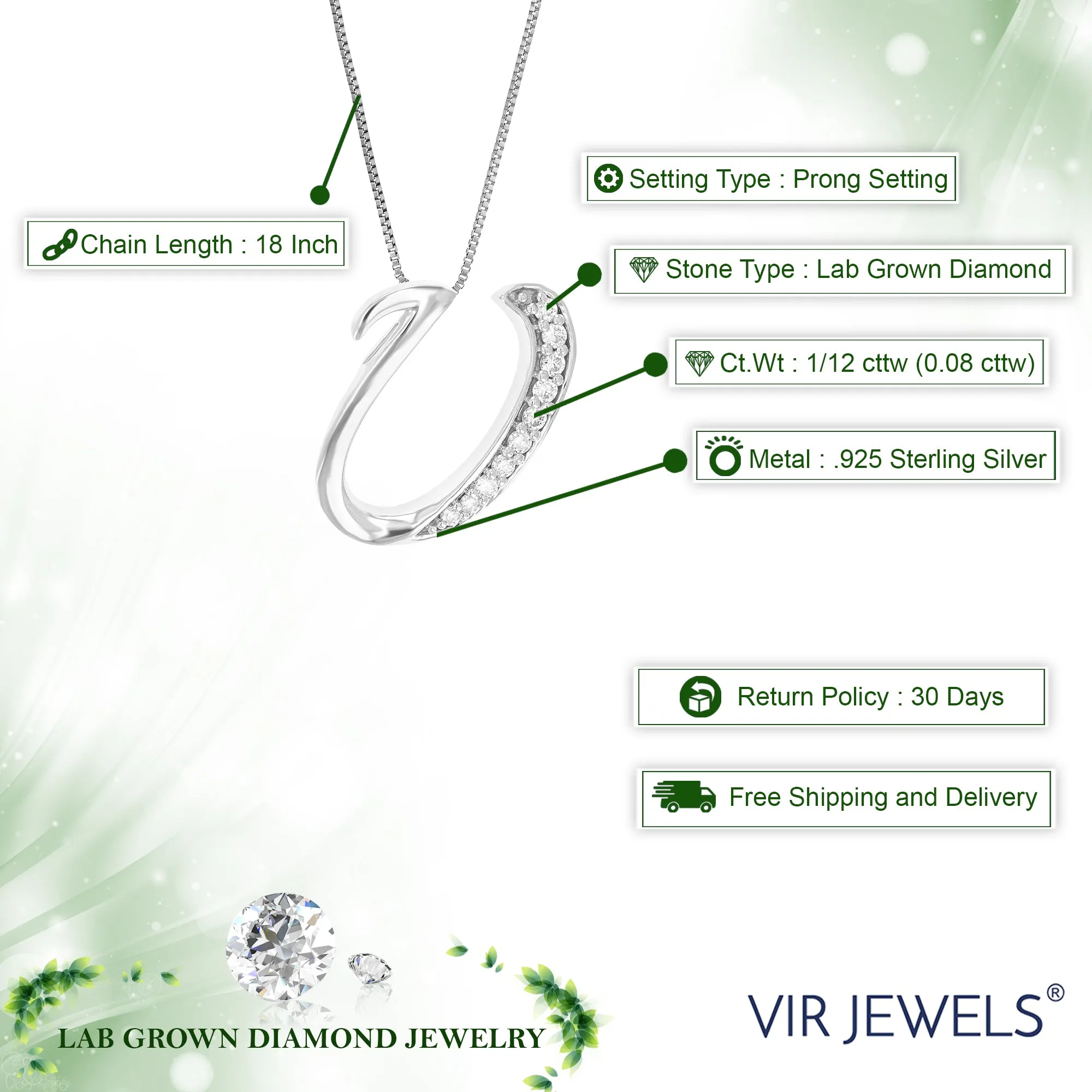 1/12 cttw Round Cut 10 Stones Lab Grown Diamond Pendant Necklace .925 Sterling Silver 2/5 Inch With 18 Inch Chain