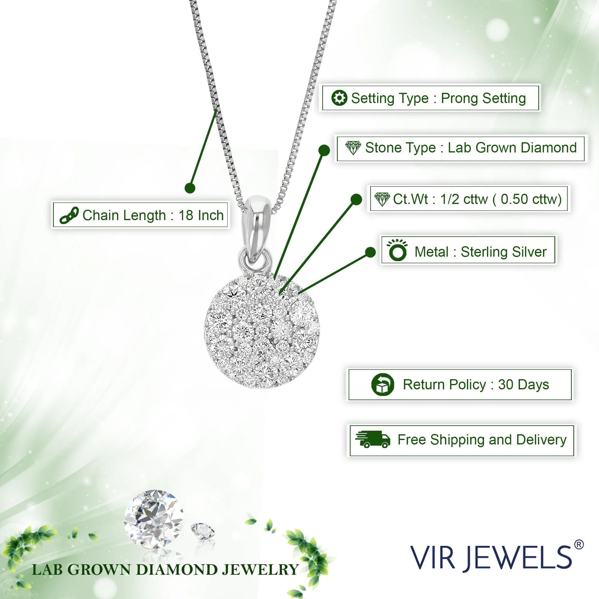 1/2 cttw Lab Grown Diamond Round Diamond Cluster Pendant Necklace .925 Sterling Silver 2/3 Inch with 18 Inch Chain