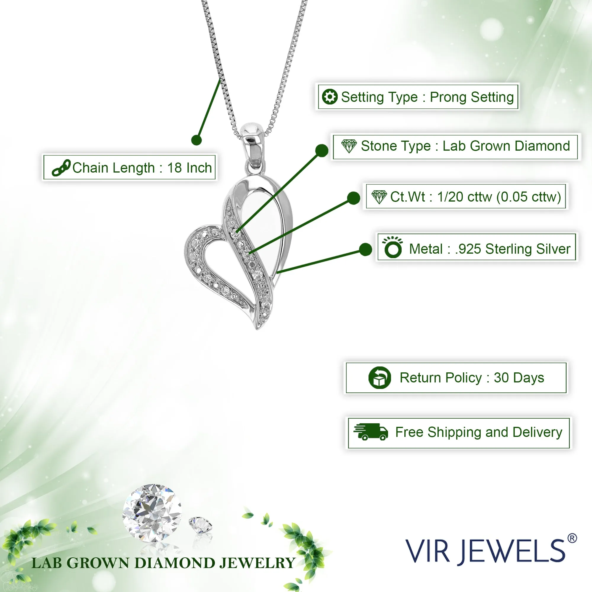 1/20 cttw Lab Grown Diamond Heart Pendant Necklace .925 Sterling Silver 1/2 Inch with 18 Inch Chain, Size 3/4 Inch