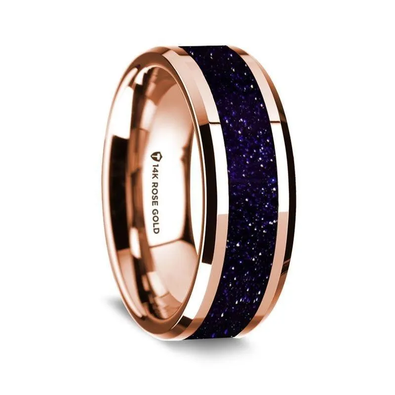 14K Rose Gold Polished Beveled Edges Wedding Ring with Purple Goldstone Inlay - 8 mm