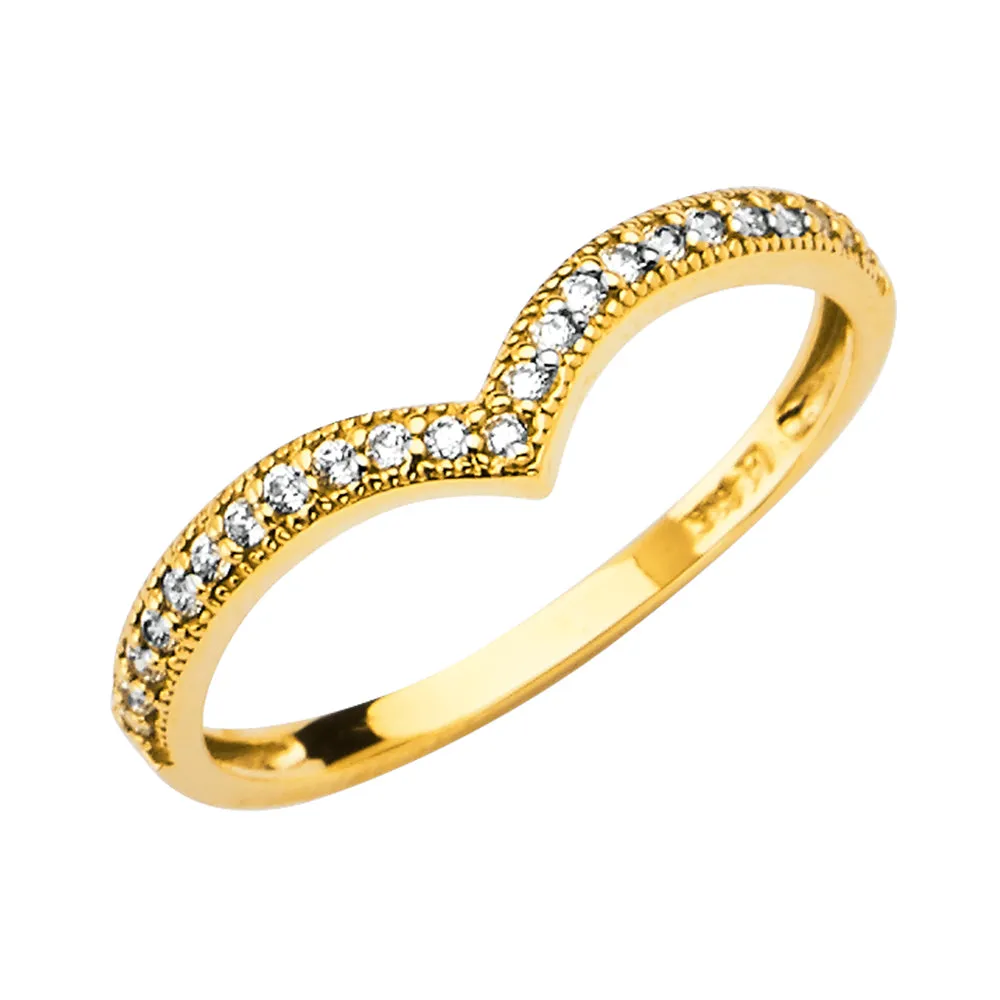 14K Solid Gold CZ V Shape Braided or Twisted Rope Stackable Band Ring