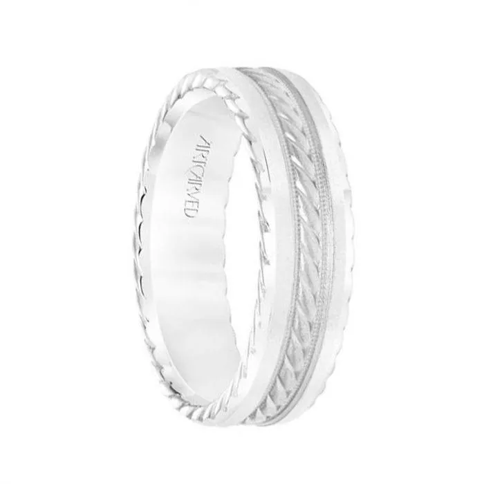 14k White Gold Wedding Band Flat Milgrain Center Design Sandblasted Finish with Rope Beveled Edges- 6.5 mm