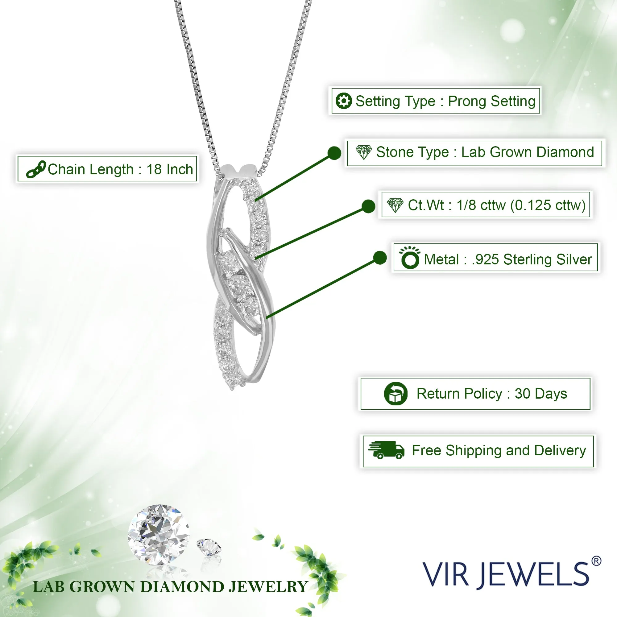 1/8 cttw Lab Grown Diamond 3 Stone Bypass Pendant Necklace .925 Sterling Silver 1/6 Inch With 18 Inch Chain