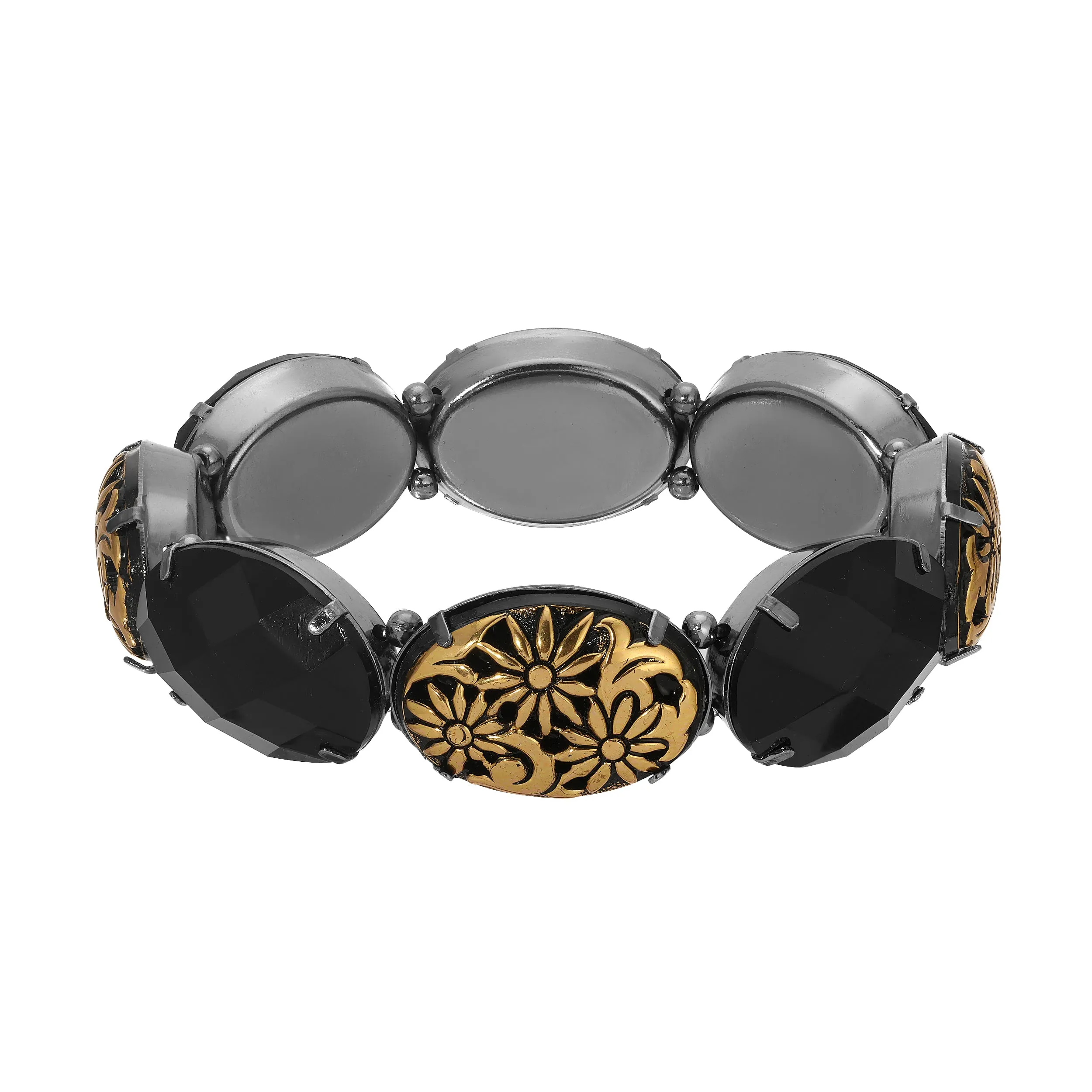 1928 Jewelry Black And Gold Floral Stone Stretch Bracelet