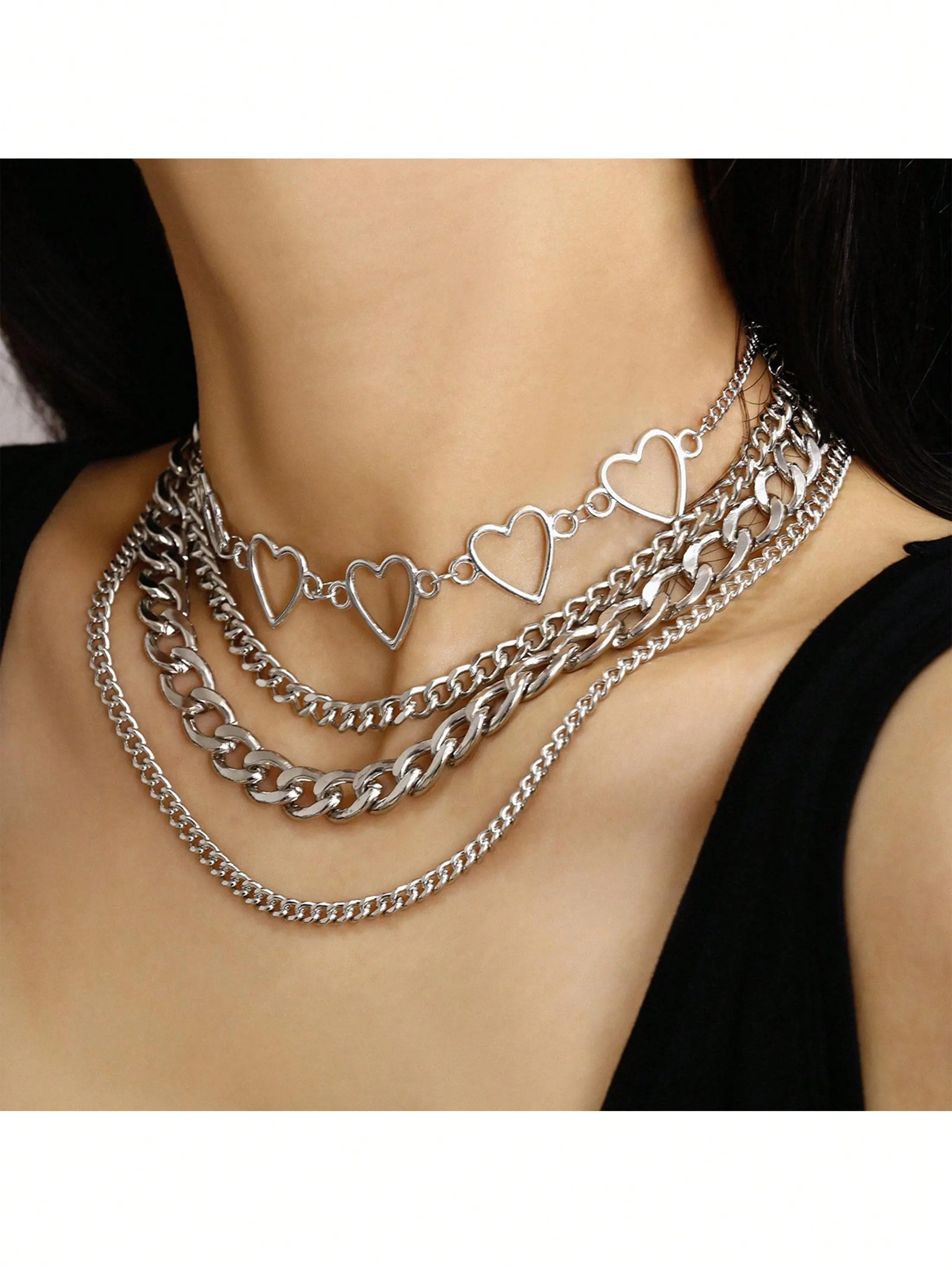 1pc Stainless Steel Heart Chain Choker & 3pcs/set Chain Necklace For Women