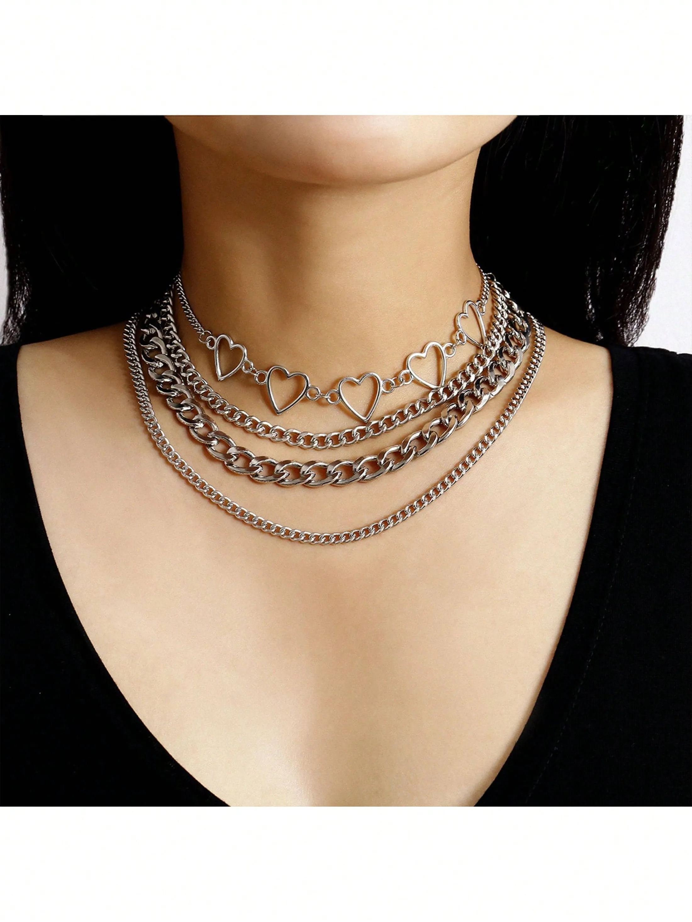 1pc Stainless Steel Heart Chain Choker & 3pcs/set Chain Necklace For Women