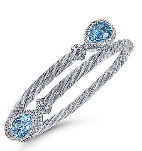 925 Sterling Silver and Stainless Steel Twisted Cable Sky Blue Topaz Bypass Bangle