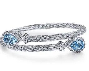 925 Sterling Silver and Stainless Steel Twisted Cable Sky Blue Topaz Bypass Bangle