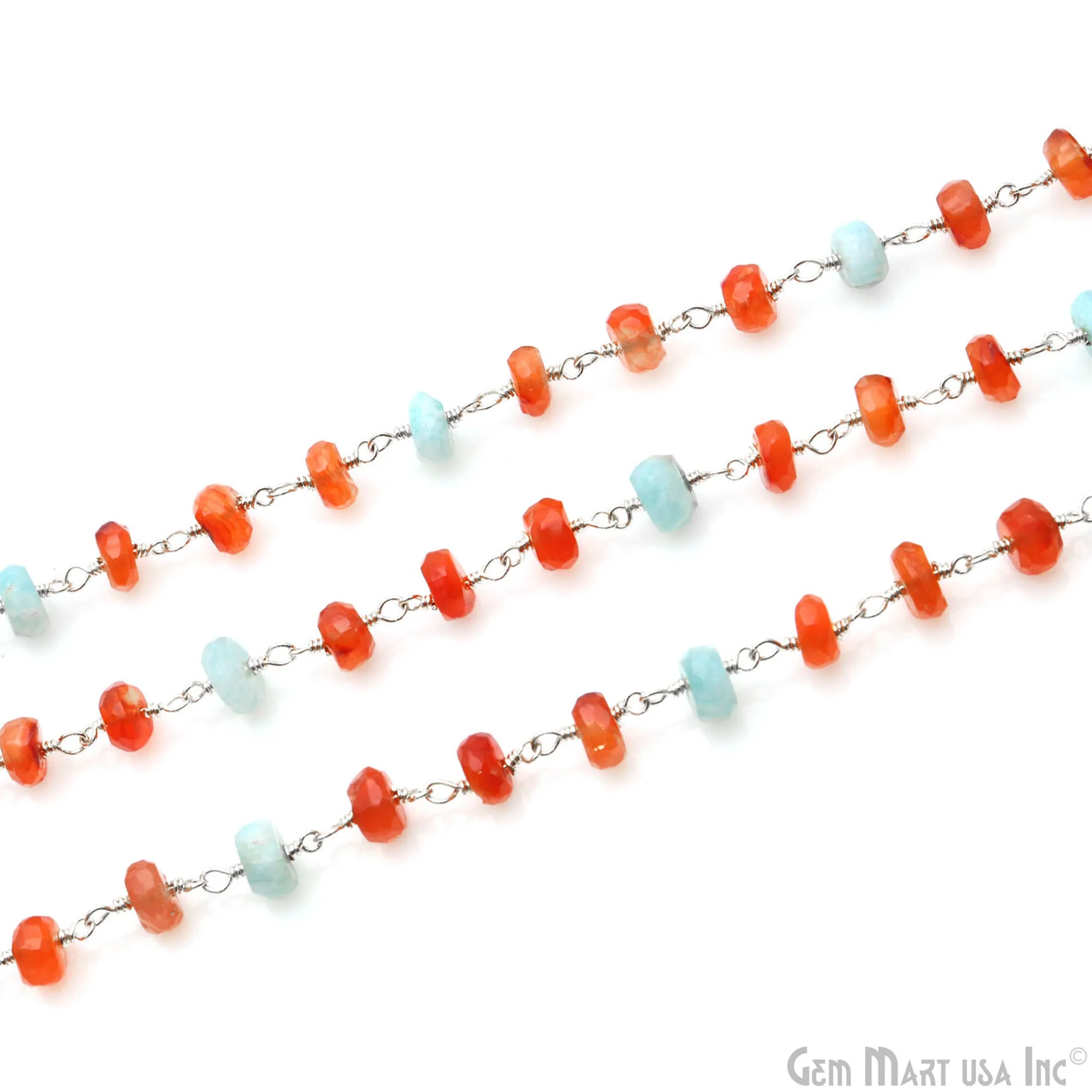 Amazonite & Carnelian Beads Silver Wire Wrapped Rosary Chain