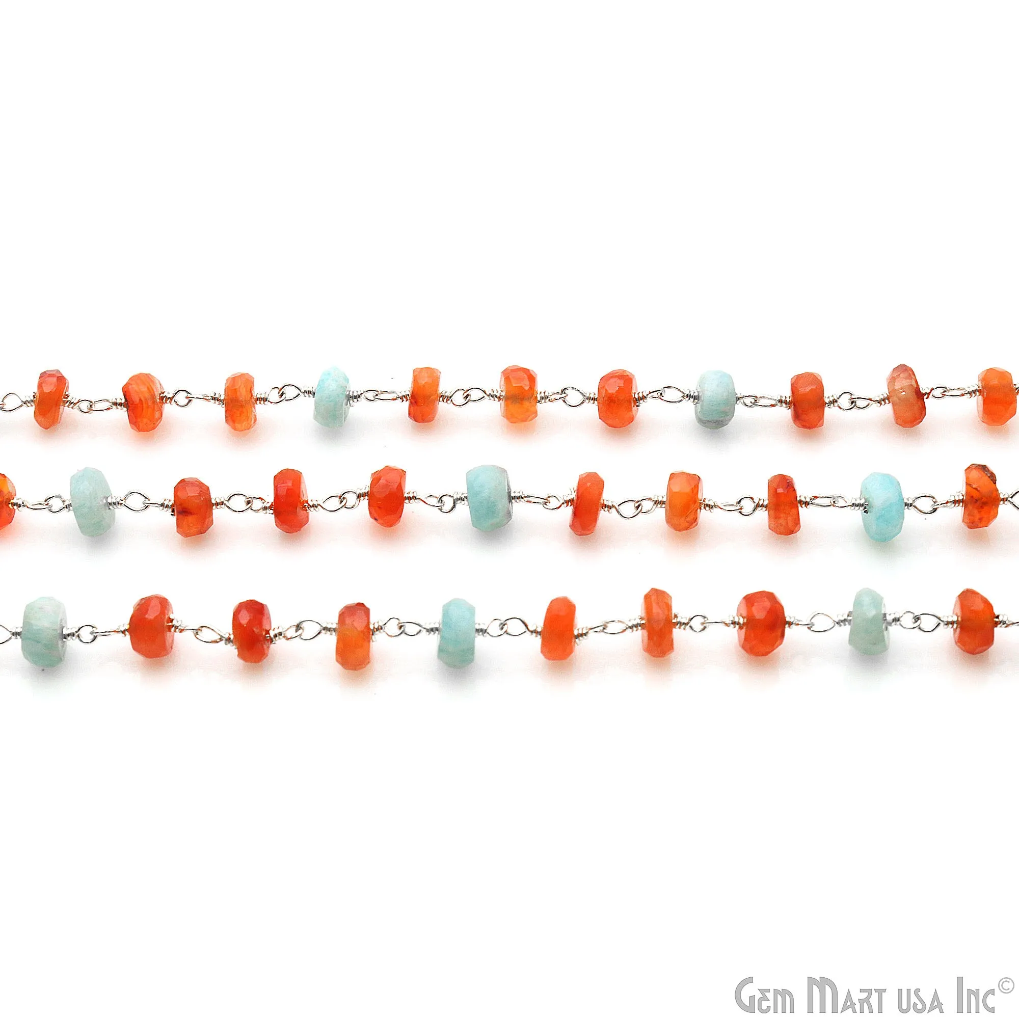 Amazonite & Carnelian Beads Silver Wire Wrapped Rosary Chain