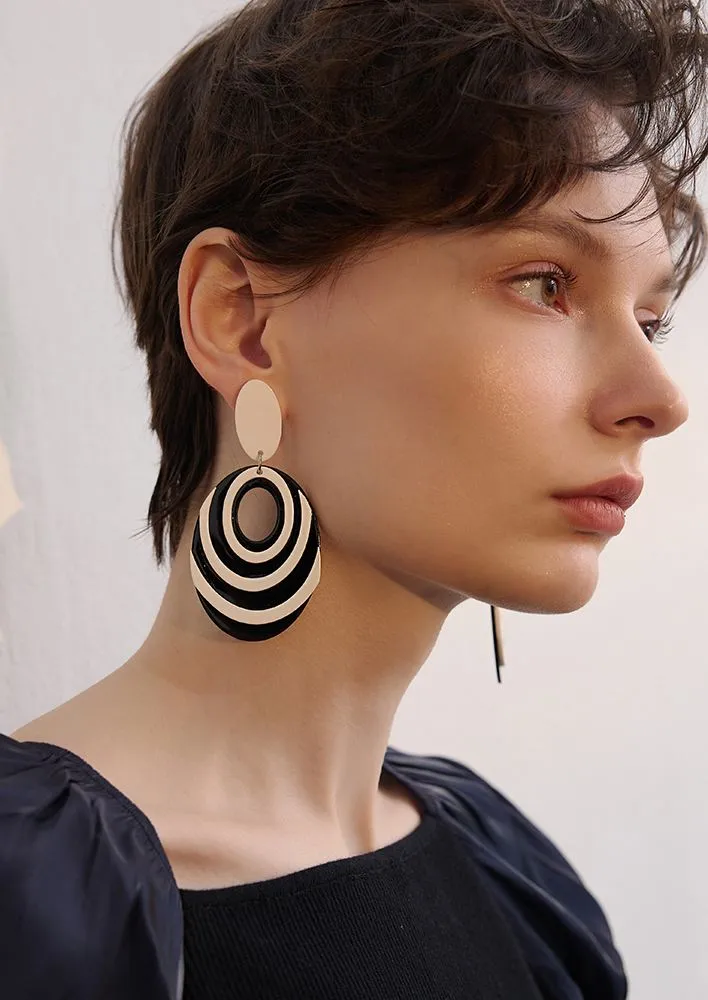 Black White Colorblock Oval Statement Earrings