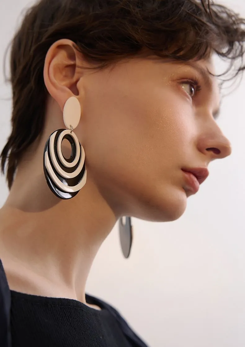 Black White Colorblock Oval Statement Earrings