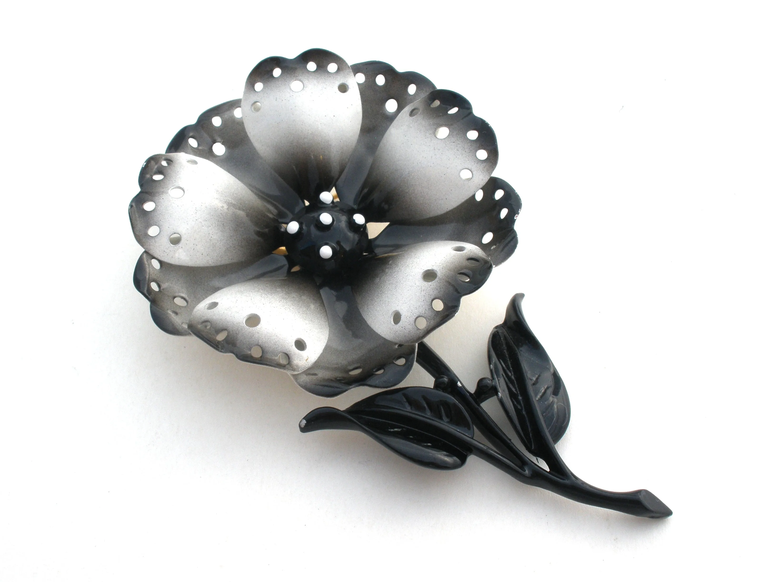 Black White Enamel Flower Brooch Pin Hedy