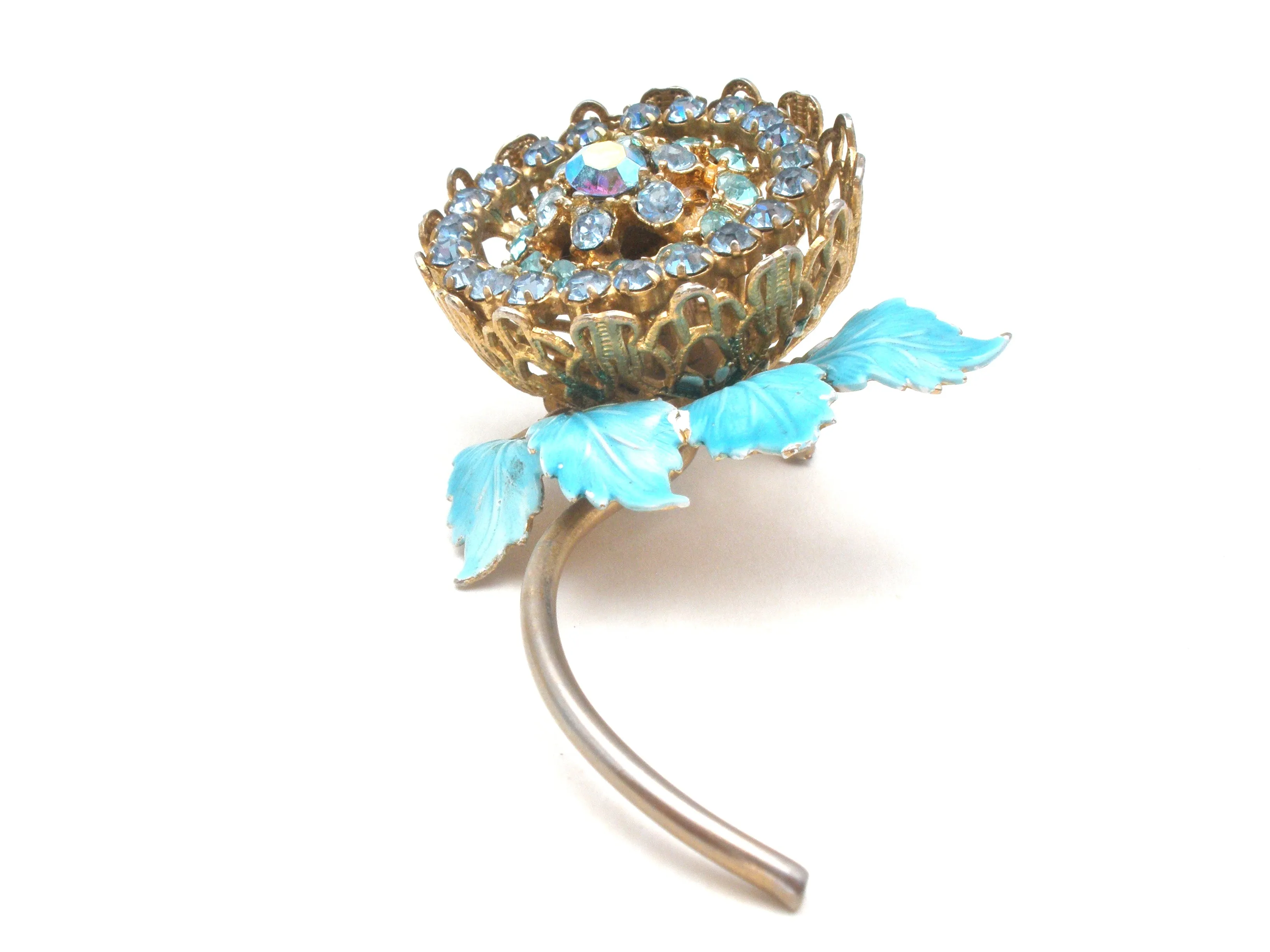 Blue Enamel & Rhinestone Flower Brooch Pin Vintage