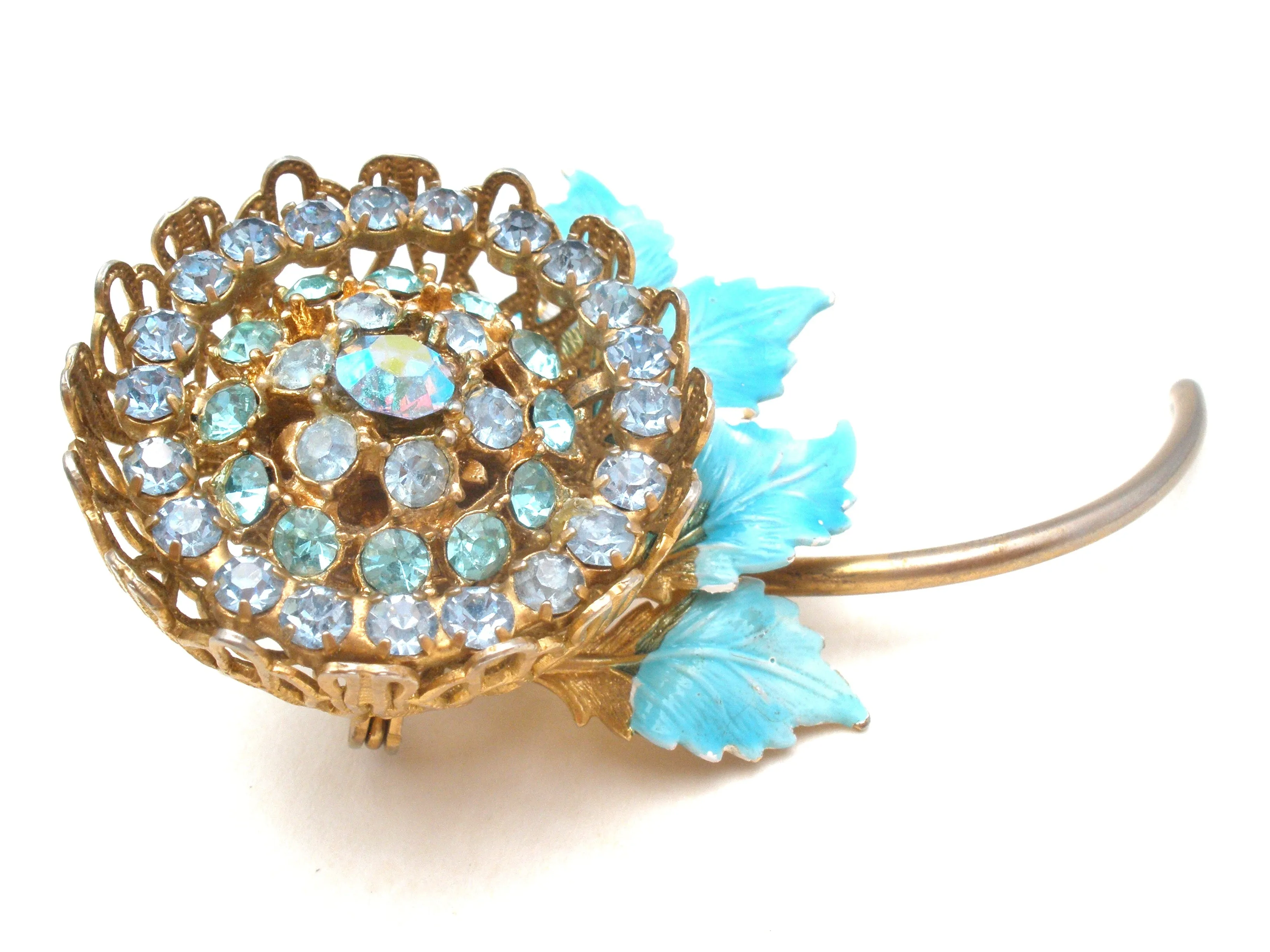 Blue Enamel & Rhinestone Flower Brooch Pin Vintage