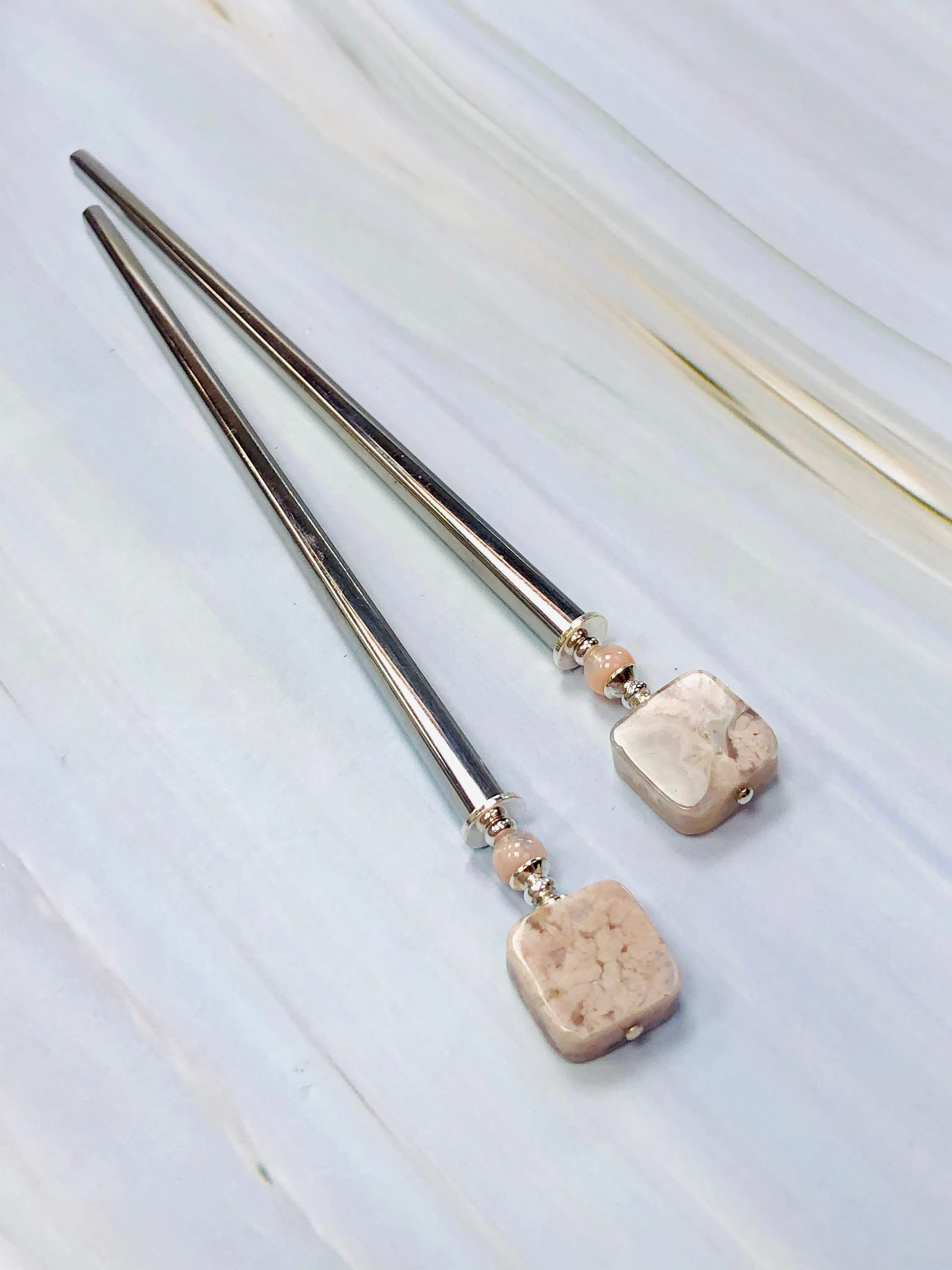 Cherry Blossom Agate Gemstone Hair Sticks, Silver Gemstone Hair Pin, shawl pin