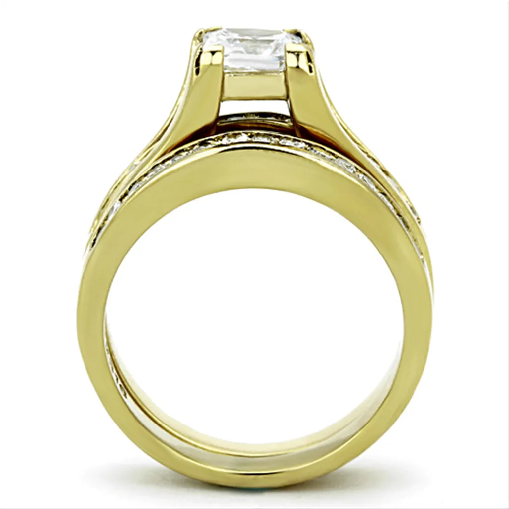 CJG2209 Wholesale Women's Stainless Steel IP Gold AAA Grade CZ Wedding Ring Set