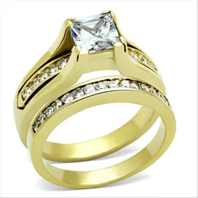 CJG2209 Wholesale Women's Stainless Steel IP Gold AAA Grade CZ Wedding Ring Set