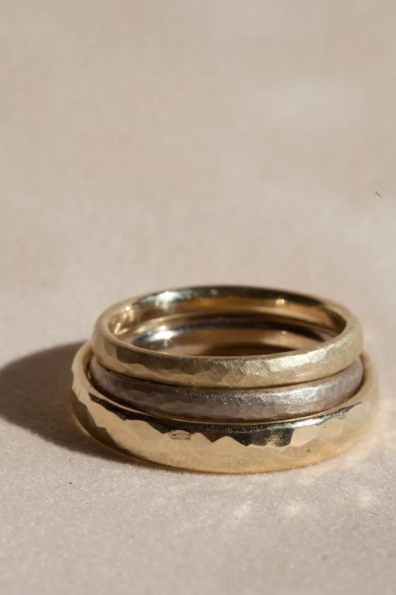 Classic Gold Hammered Wedding Ring Set Matt