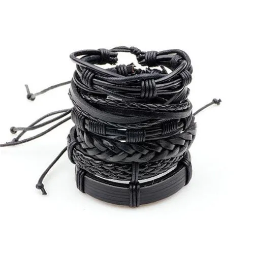 Classy Men Black Leather Bracelet Set | 2 Styles