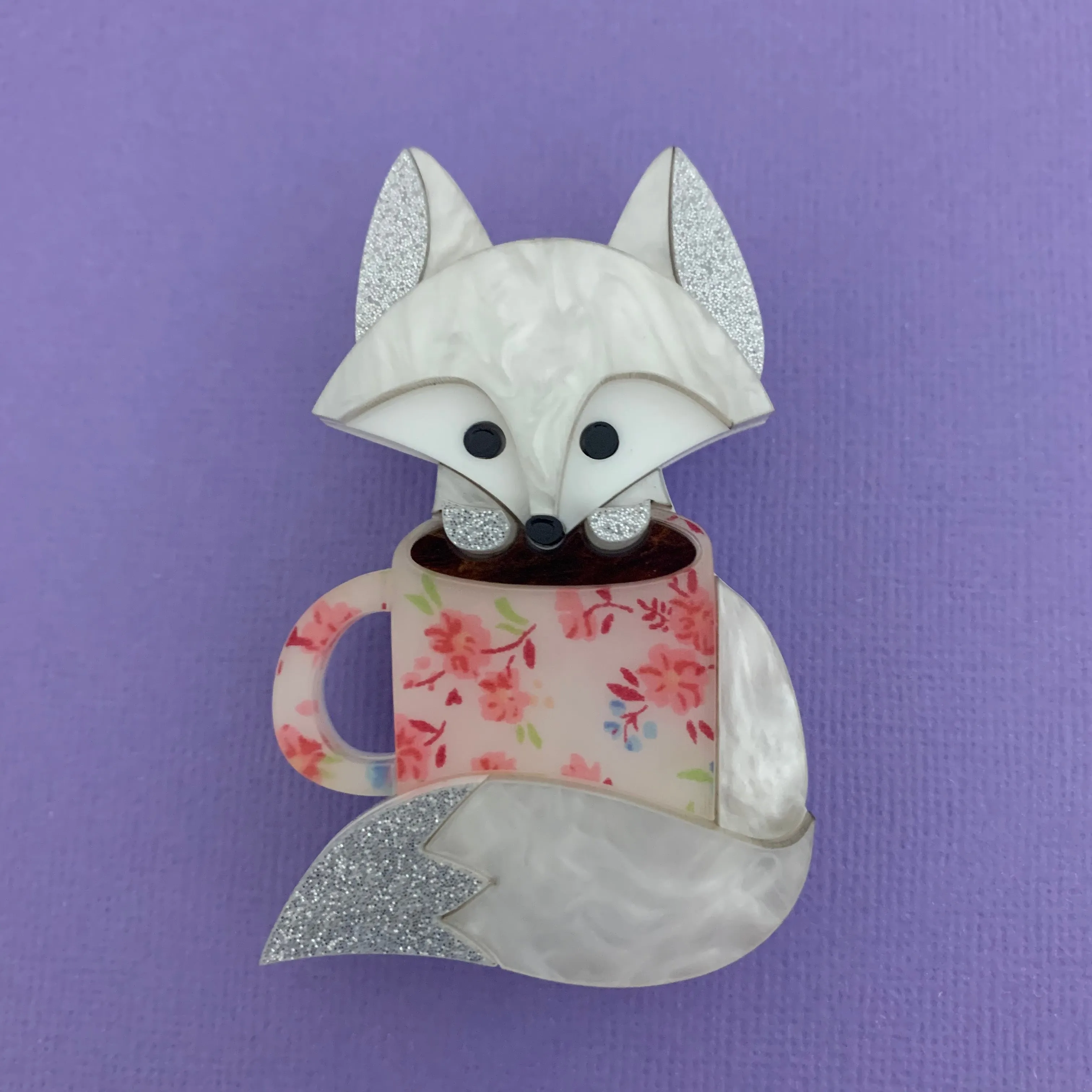 Coffee Fox - Pink floral brooch