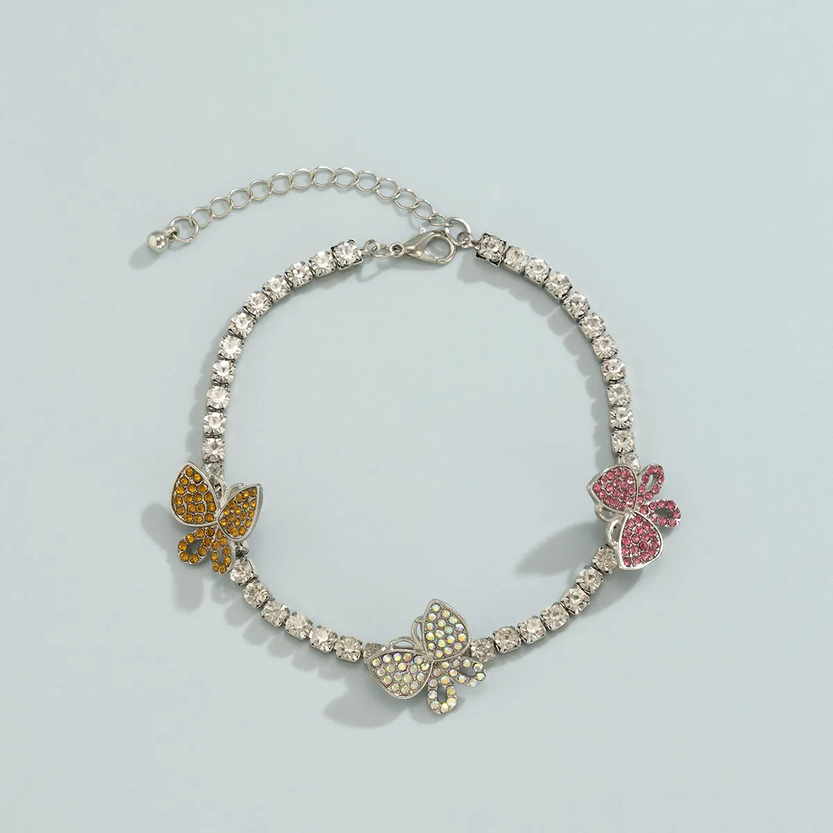 Color Butterfly Single Layer Anklet With Micro-inlaid Rhinestone Claw Chain