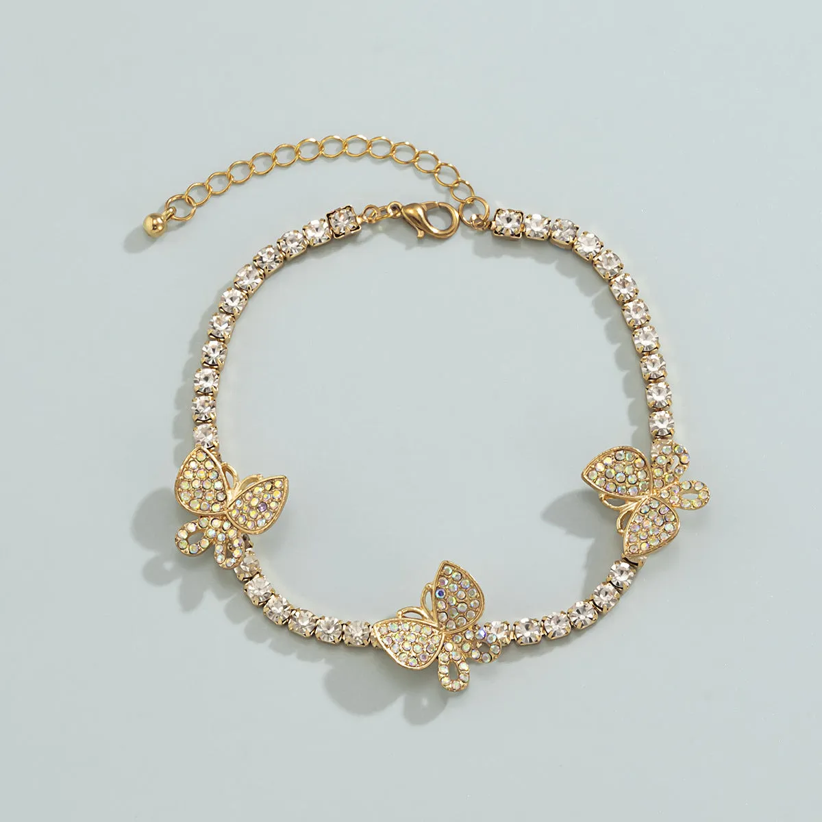 Color Butterfly Single Layer Anklet With Micro-inlaid Rhinestone Claw Chain