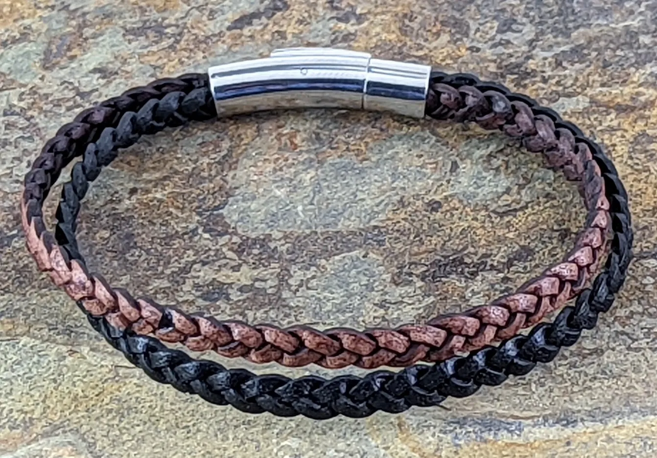 Double Leather Bracelet, Flat Braided Black & Brown 5 mm