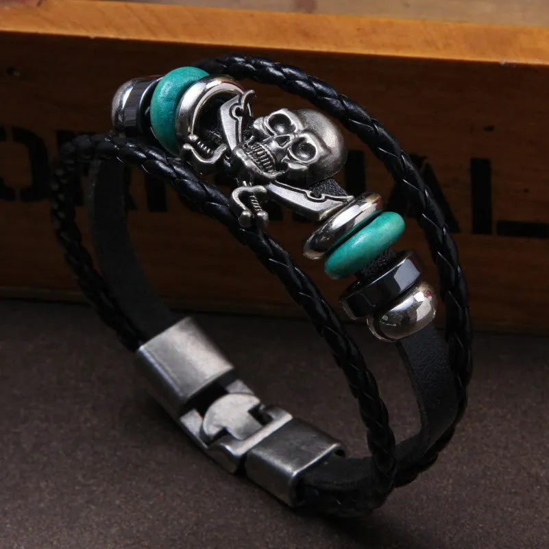 Europe Punk Hand Made Braided Charm Bracelet Bangles Skull Wristband Cuff Leather Bracelet For Men Adjustable