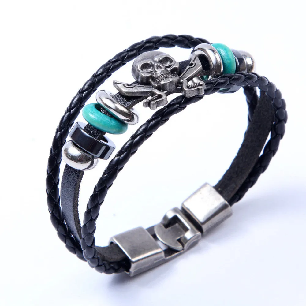 Europe Punk Hand Made Braided Charm Bracelet Bangles Skull Wristband Cuff Leather Bracelet For Men Adjustable