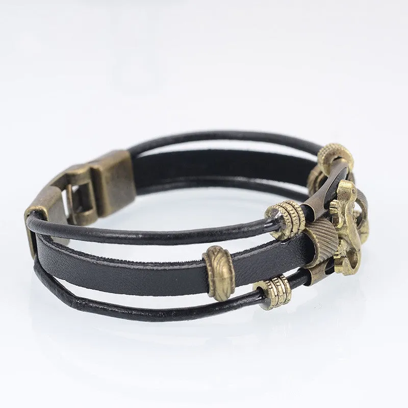 European Men Jewelry Handmade Multilayer Genuine leather Bracelet Vintage Lizard Strand Wrap Charm Bracelets Wristband for Women