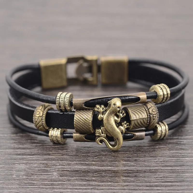 European Men Jewelry Handmade Multilayer Genuine leather Bracelet Vintage Lizard Strand Wrap Charm Bracelets Wristband for Women