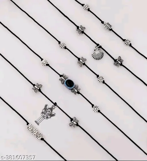 Evil Eye Najariya Black Thread Styled Anklets (Pack of 6)