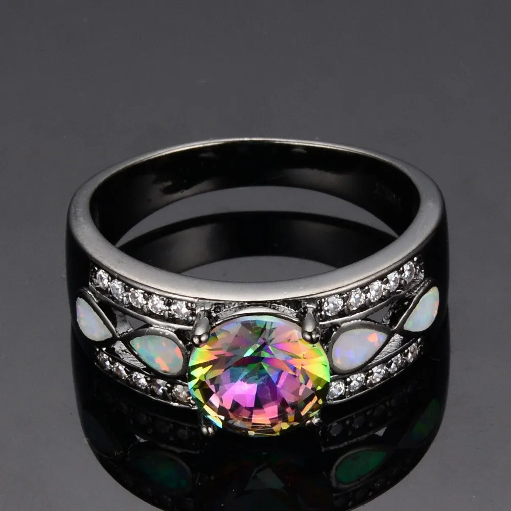 Fashion Jewelry Women Wedding Rainbow Opal Rings Colorful CZ 10KT Black Gold Filled Engagement Ring