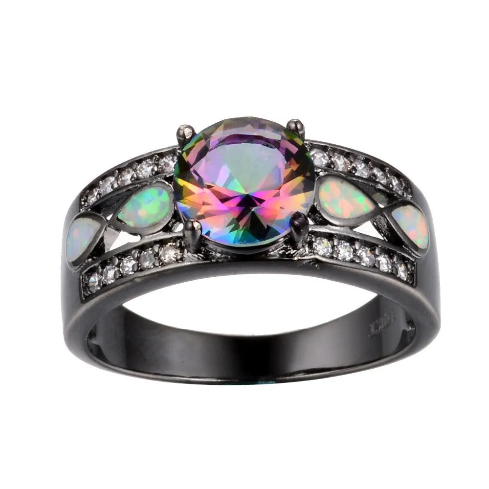 Fashion Jewelry Women Wedding Rainbow Opal Rings Colorful CZ 10KT Black Gold Filled Engagement Ring