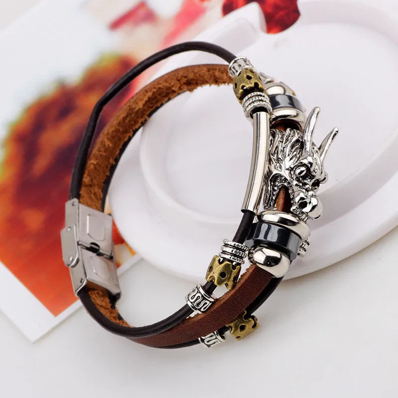 Fashion Male Cool Genuine Leather Bracelet Men Belt Buckle Cuff Bracelets Chinese Dragon Head Jewelry