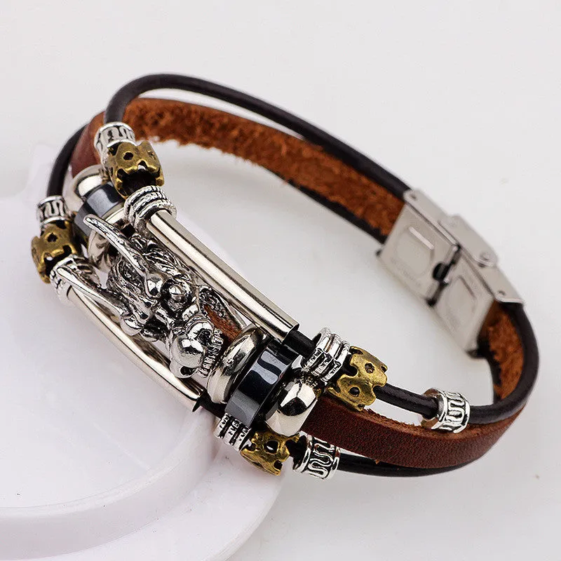 Fashion Male Cool Genuine Leather Bracelet Men Belt Buckle Cuff Bracelets Chinese Dragon Head Jewelry