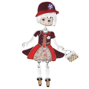 Fashionista Girl Wearing Floral Hat Enamel Doll Brooches