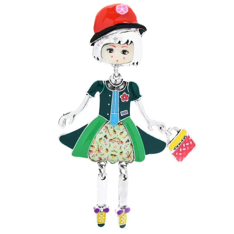 Fashionista Girl Wearing Floral Hat Enamel Doll Brooches