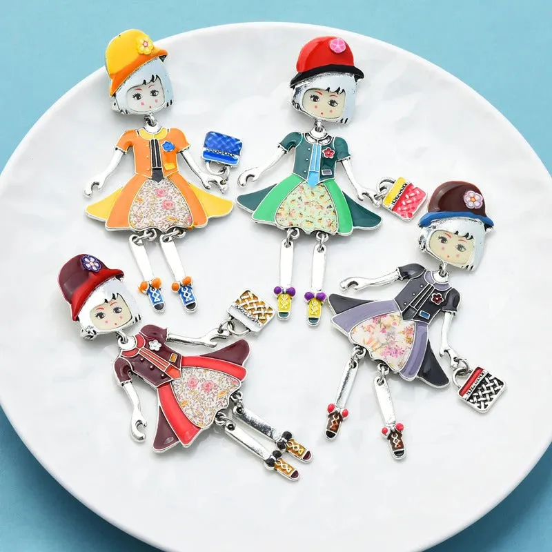 Fashionista Girl Wearing Floral Hat Enamel Doll Brooches