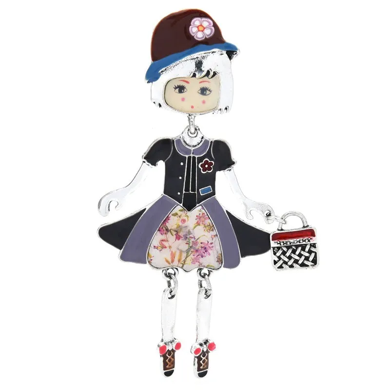 Fashionista Girl Wearing Floral Hat Enamel Doll Brooches