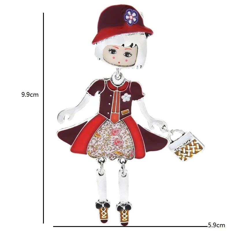 Fashionista Girl Wearing Floral Hat Enamel Doll Brooches