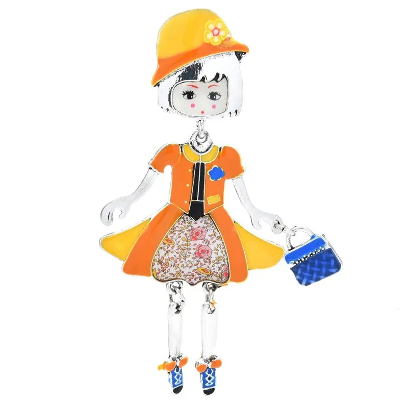 Fashionista Girl Wearing Floral Hat Enamel Doll Brooches