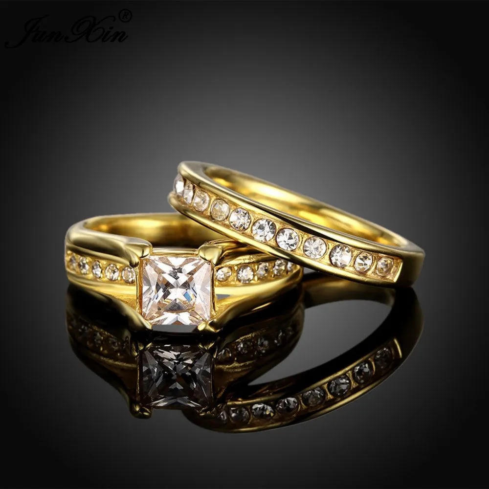 Geometric Design Male Female Yellow Gold Plated Wedding Ring Sets Stainless Steel Rings For Men And Women Jewelry