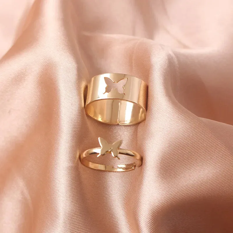 Gold Color 2pcs/set Couple Rings Women Open Rings Set Adjustable Wedding Rings Fashion Female Butterfly Rings bague femme