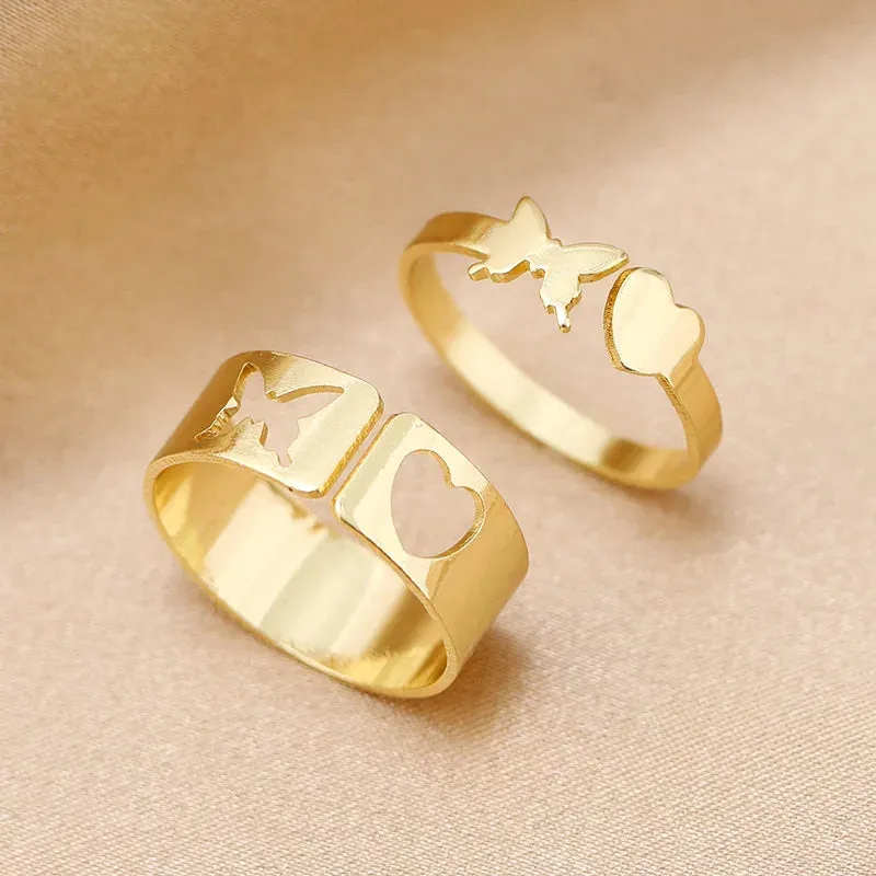 Gold Color 2pcs/set Couple Rings Women Open Rings Set Adjustable Wedding Rings Fashion Female Butterfly Rings bague femme